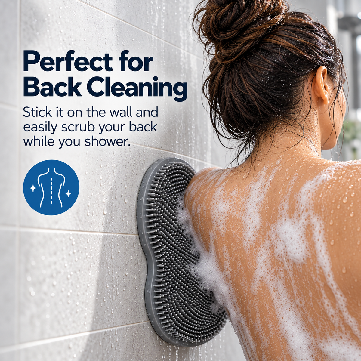 Body Scrub Pad stuck on a shower wall for back cleaning
