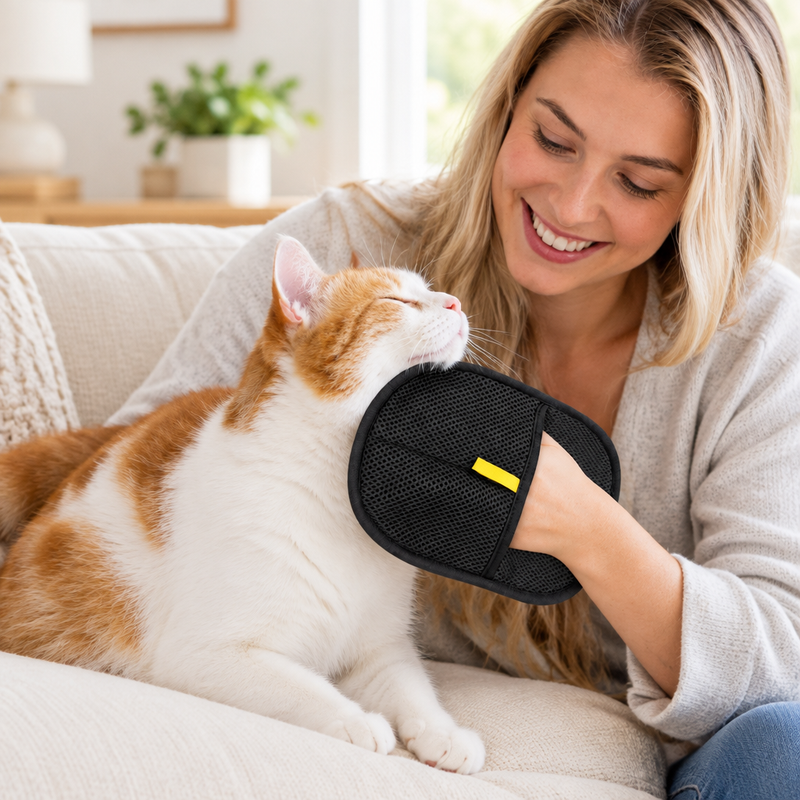 Pet grooming mitt being used on an orange and white cat