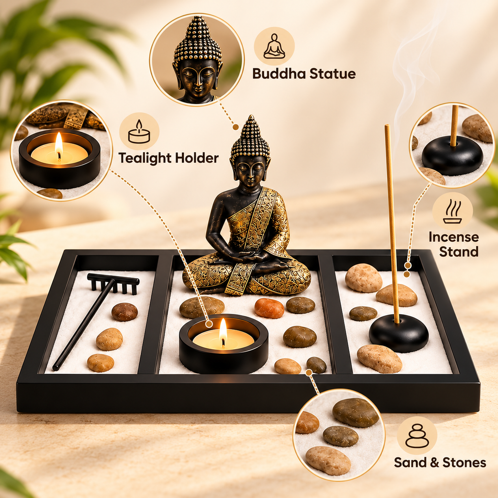 Buddha Zen Sand Garden Tray with Meditation Stones, Candle and Incense Holder Set