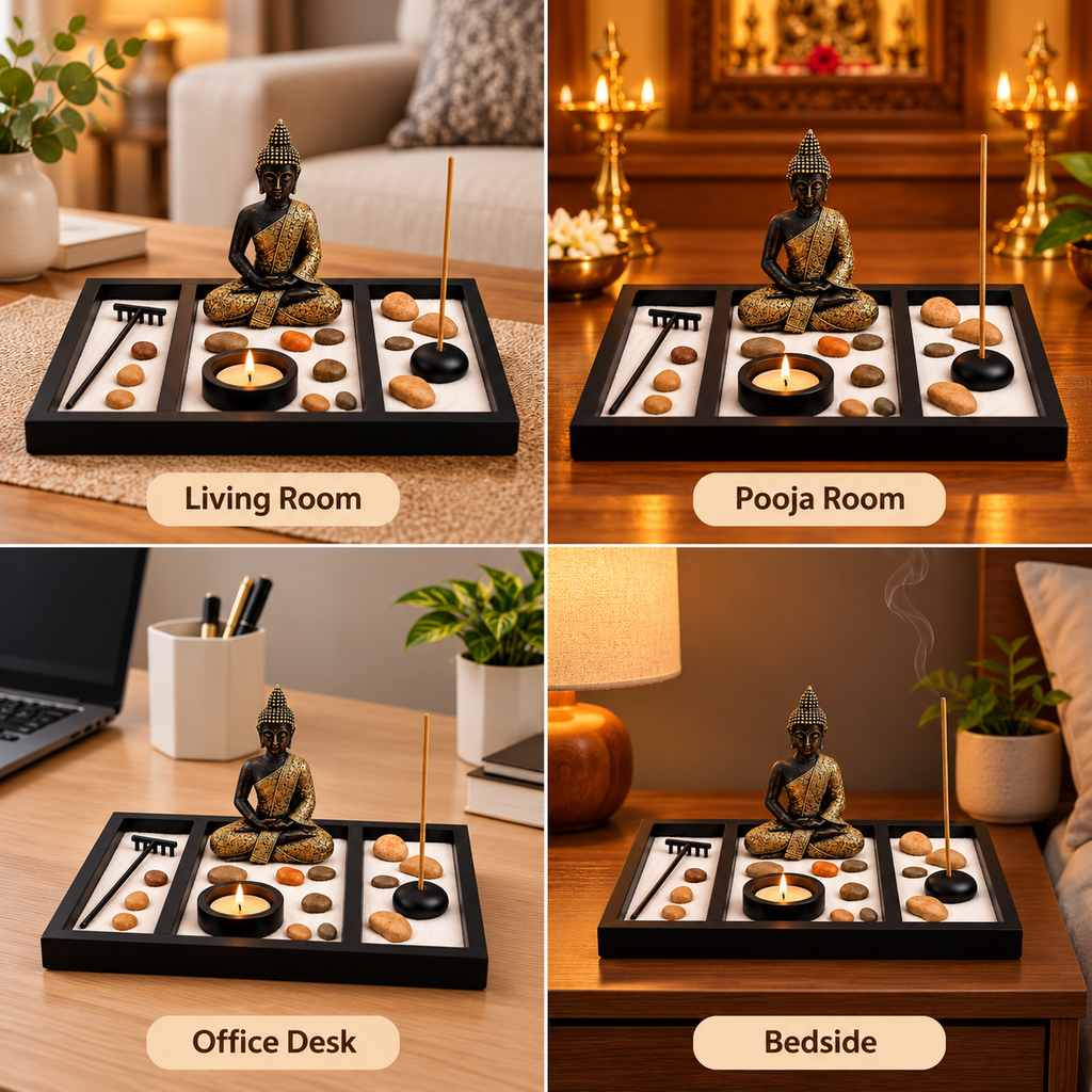 Buddha Zen Sand Garden Tray with Meditation Stones, Candle and Incense Holder Set