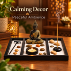 Buddha Zen Sand Garden Tray with Meditation Stones, Candle and Incense Holder Set