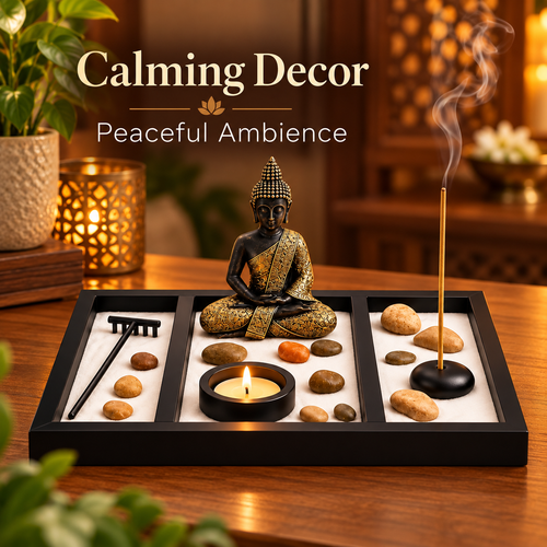 Buddha Zen Sand Garden Tray with Meditation Stones, Candle and Incense Holder Set