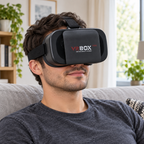 Adult wearing the VR headset in a living room
