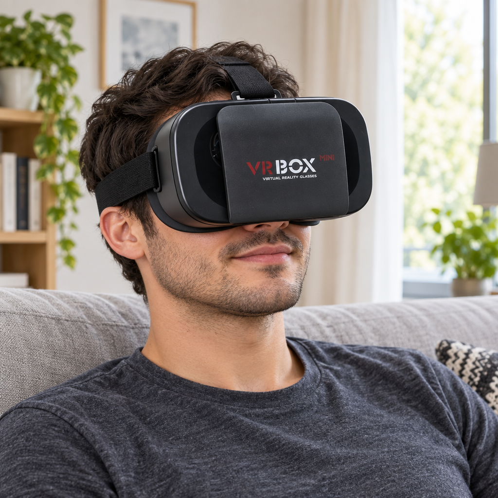 Adult wearing the VR headset in a living room