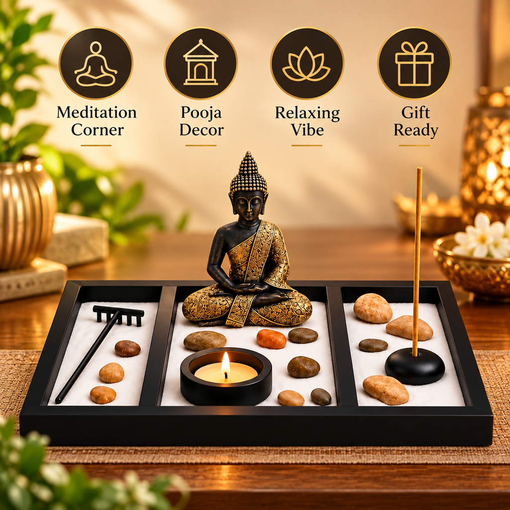 Buddha Zen Sand Garden Tray with Meditation Stones, Candle and Incense Holder Set