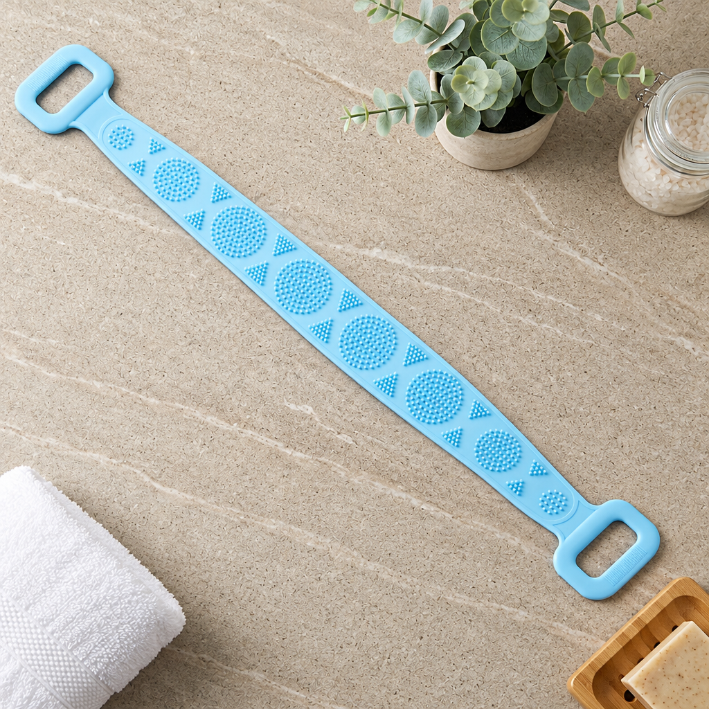 Blue back scrubber styled on a bathroom countertop