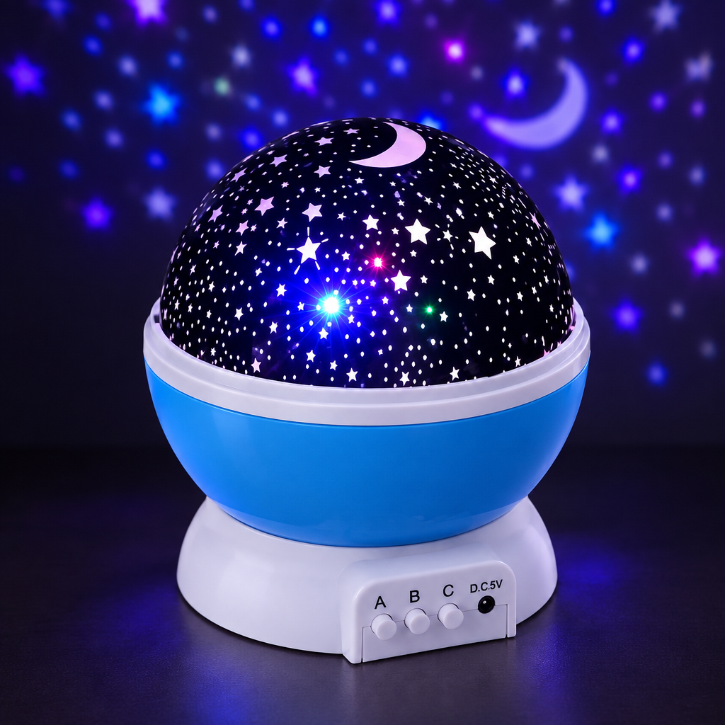 Close-up of the glowing moon-and-star projector