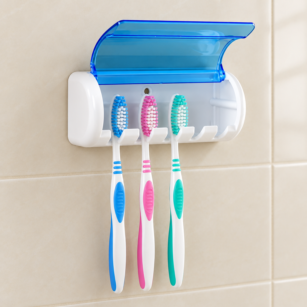 Close-up of the toothbrush holder with its cover open