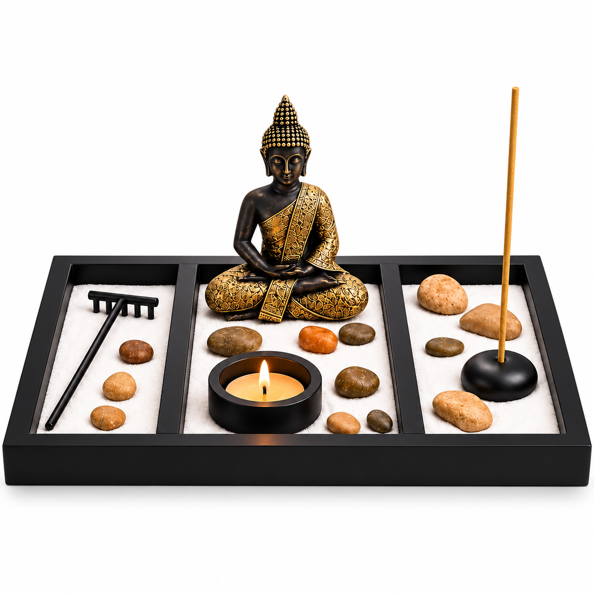Buddha Zen Sand Garden Tray with Meditation Stones, Candle and Incense Holder Set