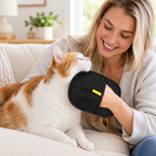 Pet grooming mitt being used on an orange and white cat