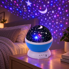 Star projector illuminating a cozy bedroom