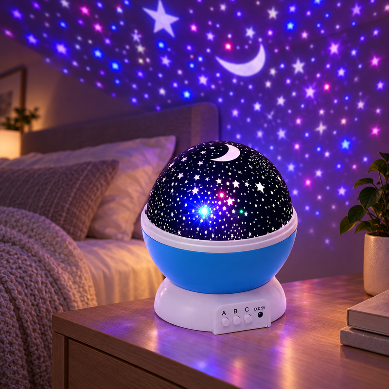 Star projector illuminating a cozy bedroom